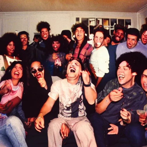 Image similar to photo of a bunch of people partying at a small house party. They are listening to snoop Dogg in the early 90's