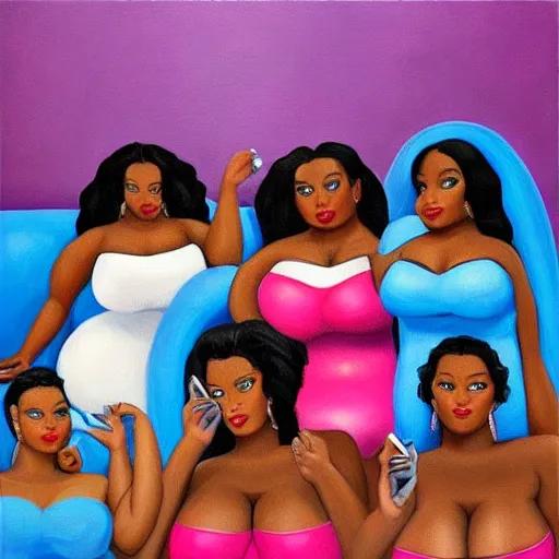 Image similar to photorealistic, stunning, coherent, beautiful painting, still of a group of black bbw models taking a picture of each other posing in the same bed , they are all laying down, one of them is on the phone with her boyfriend , 3d, in the style of pixar, smooth, 3d, highly detailed, highly detailed, sharp focus, bokeh, depth of field, 16k resolution, Unreal Engine 5, coherent, cinematic lighting, photorealistic