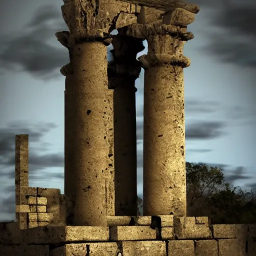 Image similar to columnated ruins domino, realism, dark,