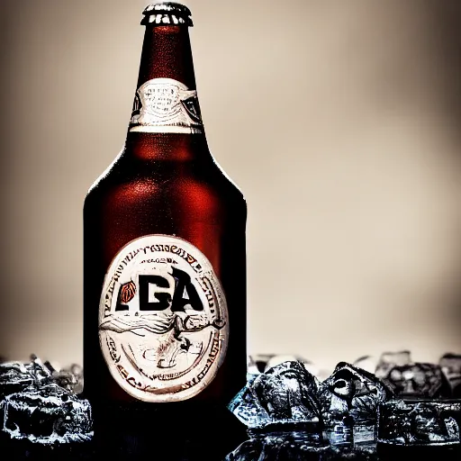 Image similar to an award - winning advertisement photo of a bottle of beer, very cold, ice, drammatic lighting, sigma 5 0 mm, ƒ / 8, behance