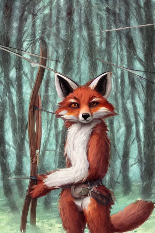 Image similar to a medieval anthropomorphic fox archer with a fluffy tail in a forest, backlighting, trending on artstation, furry art, by kawacy, warm lighting, digital art