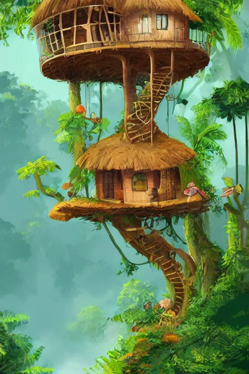 Image similar to a tree house in the jungle, a lady is making food, by alba ballesta gonzalez. 4 k wallpaper, digital 2 d, illustration.