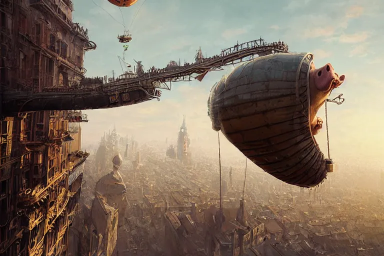 Prompt: a pig-blimp, pig head, steampunk, digital art, extremely detailed, flying over a city, greg rutkowski, cinematic