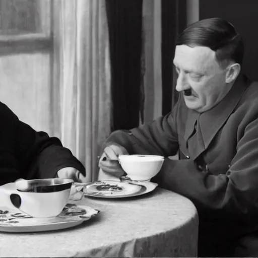 Image similar to a photo of hitler take tea with a muslim, photorealistic, realism, black and white