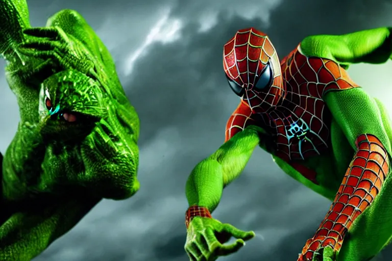 Image similar to sam raimi spider-man, played by tobey maguire battles the lizard, a large green monster wearing a lab coat, ultra realistic, 4K, movie still, UHD, sharp, marvel, cinematic