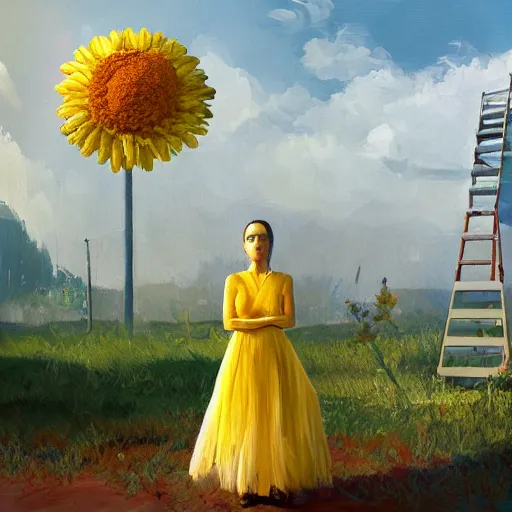 Image similar to giant daisy flower head, woman standing next to modern window in luxury loft, surreal photography, sunlight, impressionist painting, digital painting, artstation, simon stalenhag