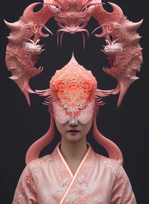 Image similar to 3 d goddess medium shot profile portrait. beautiful intricate highly detailed korean gumiho mask and traditional korean hanbok. stingray, magpie, bio luminescent, plasma, lava, ice, water, wind, creature, fog, artwork by tooth wu and wlop and beeple and greg rutkowski, 8 k trending on artstation,