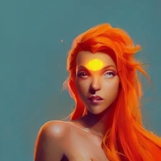 Image similar to portrait of beautiful woman with flaming orange hair, maya ali mage, gloomhaven, dynamic lighting, gaudy colors, octane render aesthetic, matte painting concept art, official fanart behance hd artstation by jesper ejsing, by rhads and makoto shinkai and lois van baarle and ilya kuvshinov and rossdraws