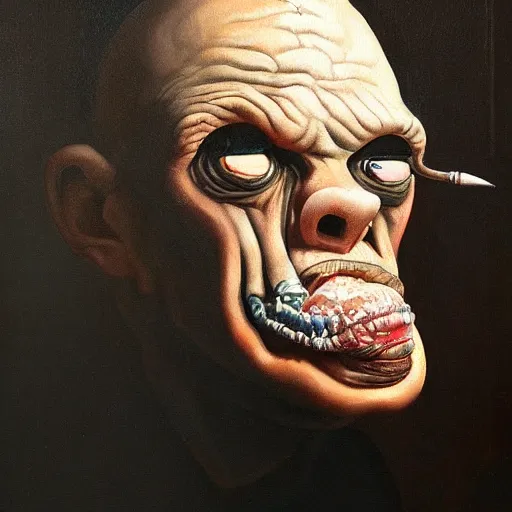 Image similar to Oil painting by Christian Rex Van Minnen of a portrait of an extremely bizarre disturbing mutated man with intense chiaroscuro lighting perfect composition