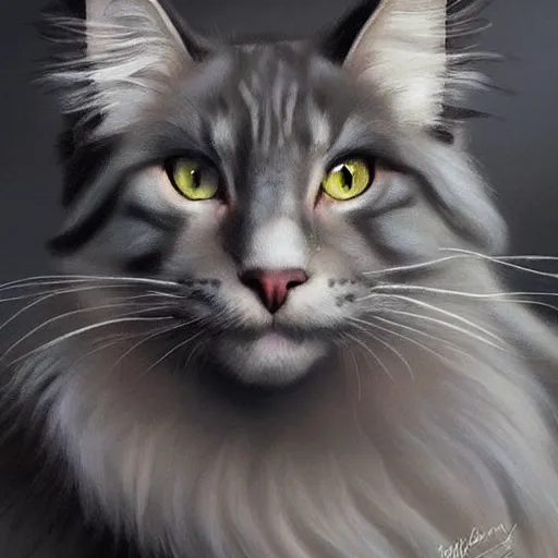 Image similar to a big magnificent dark gray maine coon mix cat with white belly, white paws and white face markings with long fur and fluffy tail, sitting, intricate, elegant, highly detailed, digital painting, artstation, concept art, matte, sharp focus, illustration, art by Artgerm and Greg Rutkowski and Alphonse Mucha