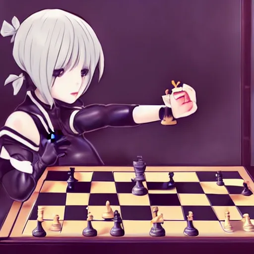 Image similar to 2B from nier automata eating a chess burger, anime style.