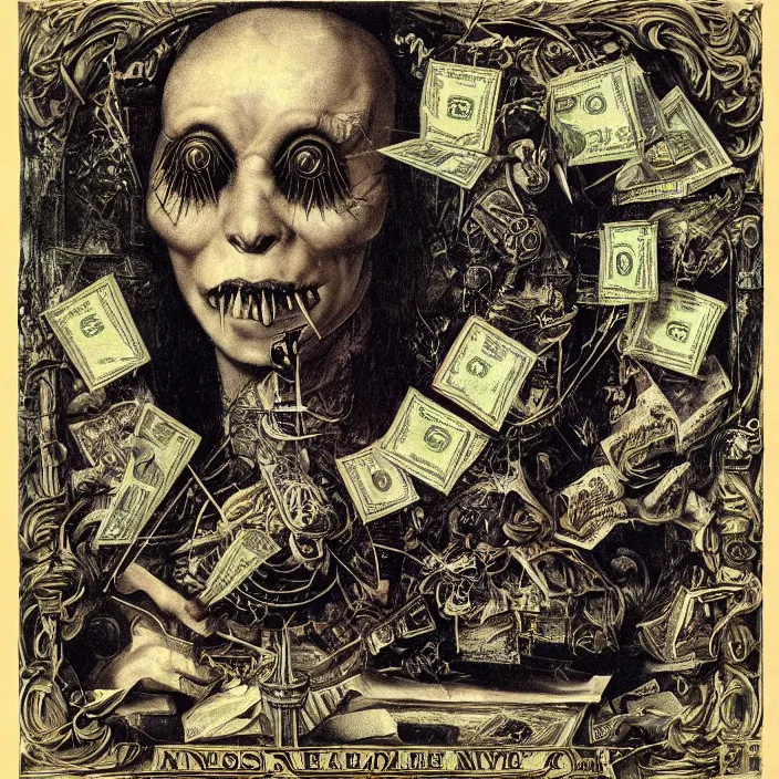 Image similar to post - punk new age album cover, asymmetrical design, dollar bank notes, capitalism, magic, apocalypse, psychedelic, black white pink, highly detailed, magic, giger h. r., giuseppe arcimboldo