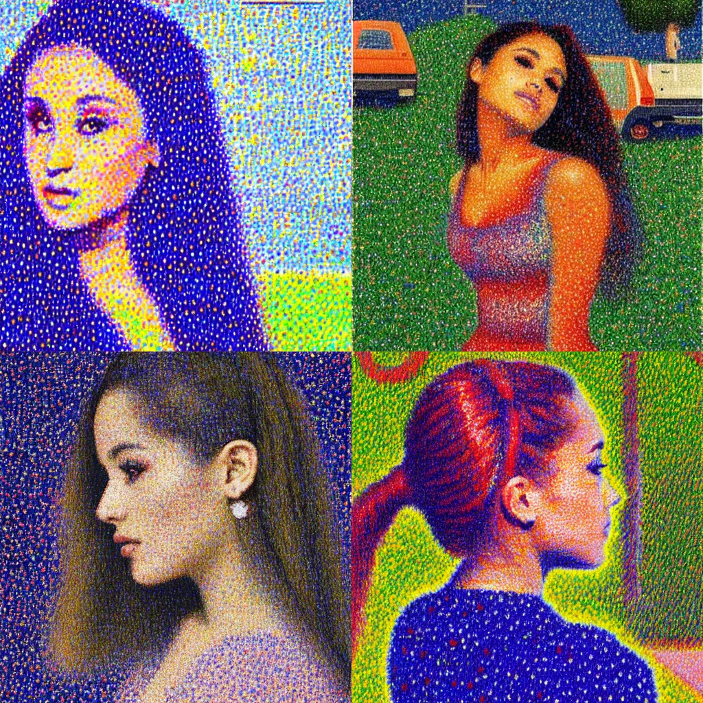 Prompt: portrait of ariana grande at a parking lot in ibiza, pointalism art by georges seurat