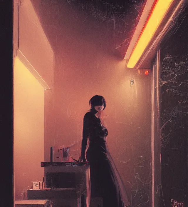 Prompt: foggy neon night, sayaka isoyama leaning back against a wall in a black minidress smoking a cigarette outside a neon lit entrance, 1 9 7 0 s, intricate, moody, tasteful, intimate, highly detailed, short focus depth, artgerm, donato giancola, joseph christian leyendecker