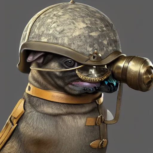Prompt: high detailed soft 3 d render of a little pug dog with a first world war german helmet on his head sitted on the top of a bazooka, very detailed, 3 d, trending on artstation