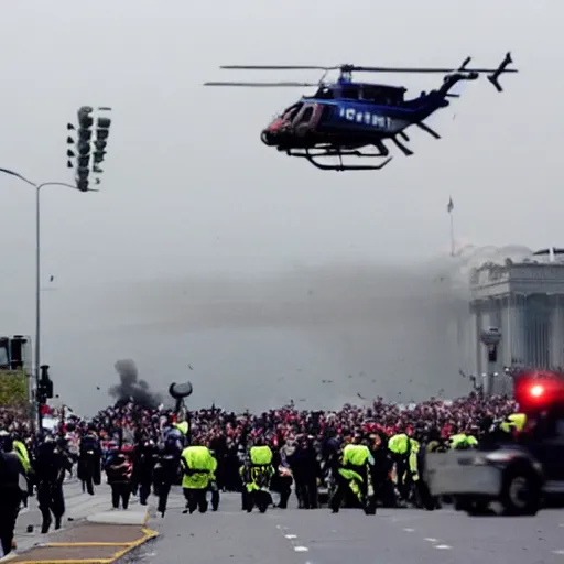 Image similar to donald trump running from the police, helicopters and explosions in the background