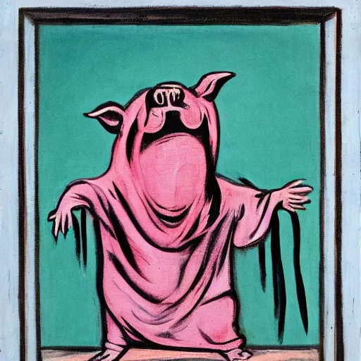 Prompt: a screaming pig wearing a robe painted by francis bacon