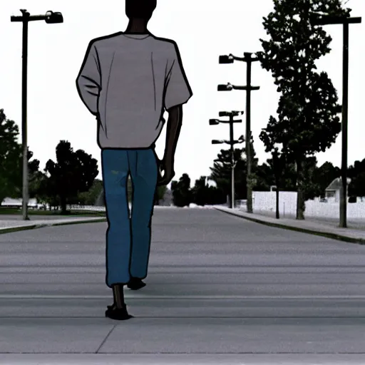 Prompt: early 9 0 s cgi of a man walking on the sidewalk listening to his cassette player