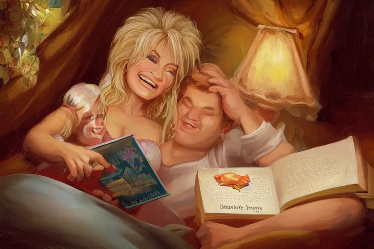 Prompt: portrait of young dolly parton reading a bedtime story to jim morison in bed, an oil painting by ross tran and thomas kincade