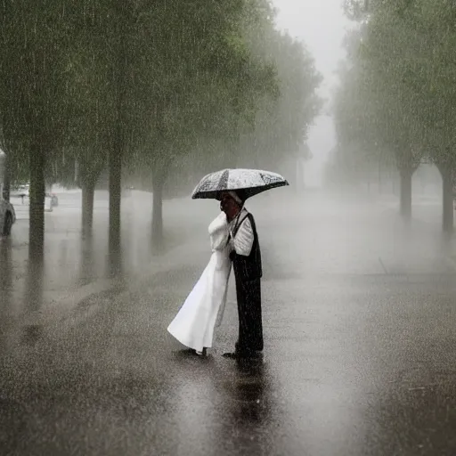 Image similar to an 8 k photo of a couple holding hands while kissing in the rain