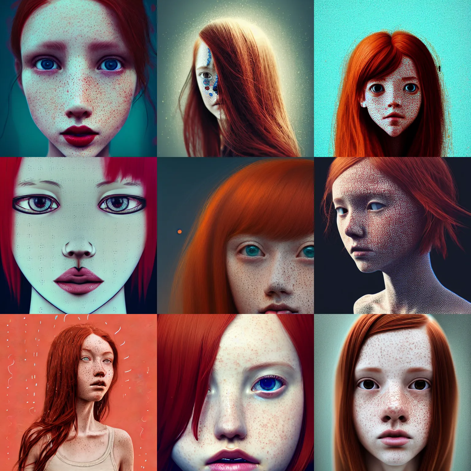 Prompt: waist-length photo of a redheaded petite teenage girl with freckles. intricate abstract. intricate artwor, by Tooth Wu, wlop, beeple, dan mumfor, , greg rutkowski, trending on artstation, very coherent symmetrical artwork, perfect face, 35 mm, cinematic, hyper realism, high detail, octane render, 8k, chrome accents