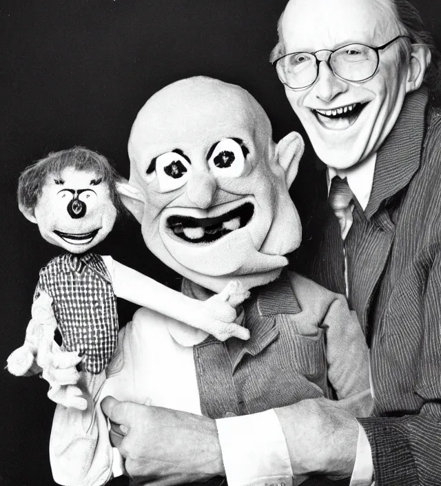 Image similar to hyper realistic old 1 9 8 0 photography of lunatic mad smiling ventriloquist old man with terrific haunted smiling puppet