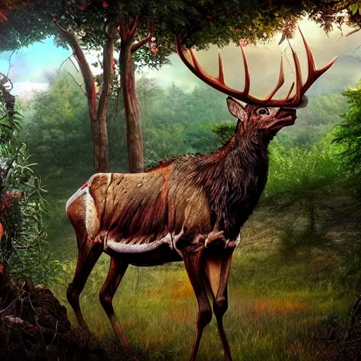 Image similar to Photorealistic skeletal elk in the garden of eden. Hyperdetailed photorealism, 108 megapixels, amazing depth, glowing rich colors, powerful imagery, psychedelic Overtones, 3D finalrender, 3d shading, cinematic lighting, artstation concept art