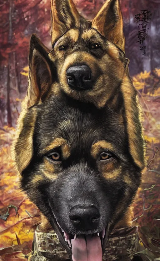 Image similar to close up character portrait icon of the german shepard beast - man military uniform head animal person wearing clothes standing in the bright forest, hidari, color page, tankoban, 4 k, tone mapping, akihiko yoshida