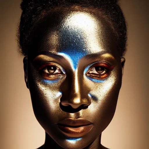 Image similar to portrait of metallic face, african woman, mercury, mirror reflections, smooth, liquid metal, proud, looking away, outdoor, blue sky, 8 k, realistic, depth of field, award winning photography