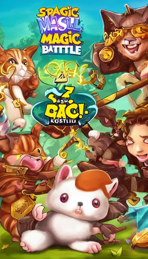 Image similar to a splash screen for a game by supercell showing a magic battle between a cute cat and a koala