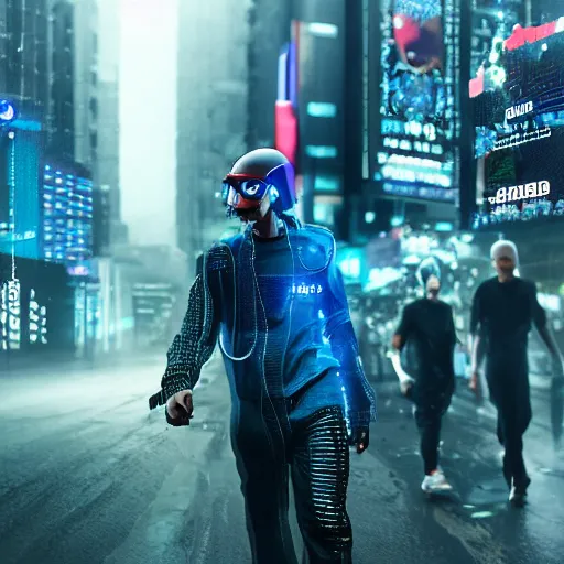 Prompt: cyberpunk men holding a cool watch walking in the middle of a cyberpunk street the background is a cyber street the weather is rainy and foggy photo - realistic