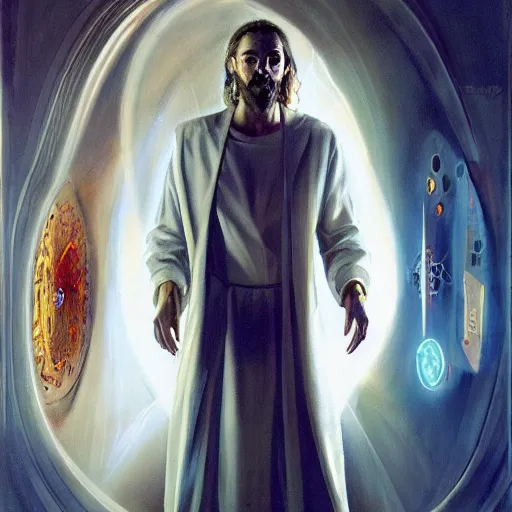 Image similar to A surreal portrait of a singular cyberpunk Jesus, wearing a white tuxedo, transcending through portals to eternity, surrounded by fiery orbs, gears, and clocks, by Salvador Dali and Greg Rutkowski, trending on artstation