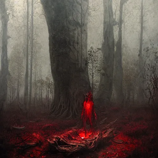 Prompt: elder demons from the abyss in a misty forest, red webs and fungus, red by emil melmoth, by rozalski, by greg rutkowski, cinematic, detailed, intricate