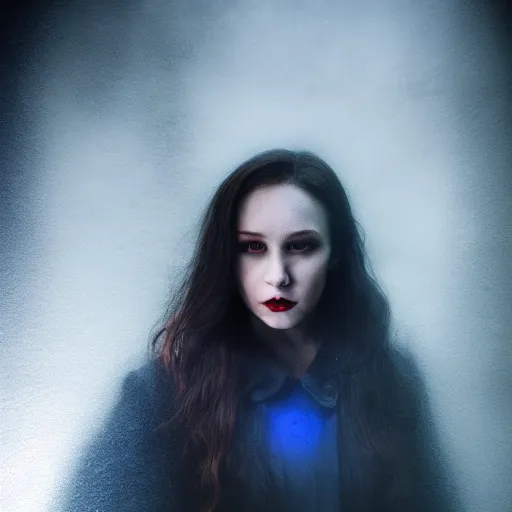 Image similar to riveting charismatic brunette female vampire, portrait, atmospheric lighting, painted, intricate, highgate cemetery, fog, cold, volumetric lighting, beautiful, blue moon light, sharp focus, deep colours, ultra detailed, by leesha hannigan, ross tran, thierry doizon, kai carpenter, ignacio fernandez rios