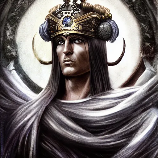 Image similar to the emperor of mankind, beautiful face, long black hair, a wreath on his head, digital painting, photo realism, super realistic detail