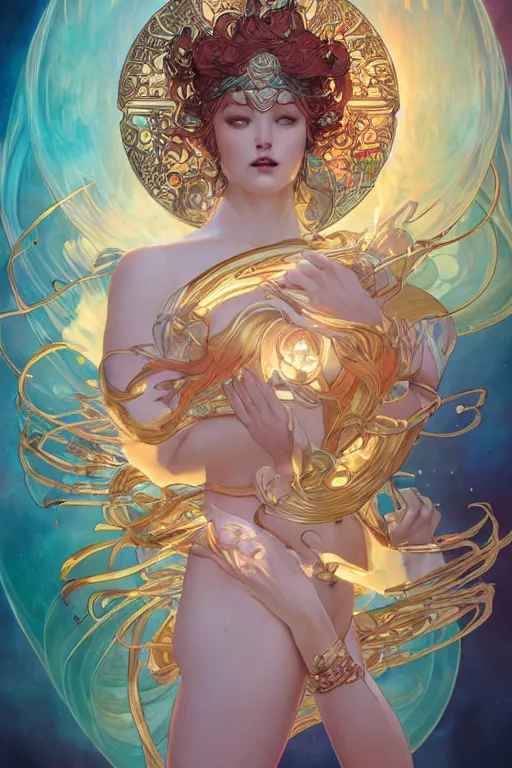 Image similar to the goddess of transcendence, by artgerm and yoshitaka amano and moebius and alphonse mucha, hyperdetailed, dc comics, ornate, nebula, explosions in the sky, trending on artstation