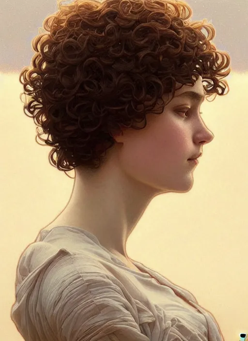 Prompt: symmetry!! portrait of a woman with short curly hair, round face, cottagecore!!, nature, intricate, elegant, highly detailed, digital painting, artstation, concept art, smooth, sharp focus, illustration, art by artgerm and greg rutkowski and alphonse mucha