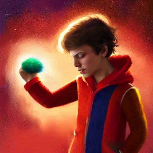 Image similar to colorful and festive captivating young child boy, brown fluffy hair, wearing red and yellow hero suit, shooting a crescent moon out of his fist. full body, rich vivid colors, ambient lighting, dynamic lighting, 4 k, atmospheric lighting, painted, intricate, highly detailed by charlie bowater