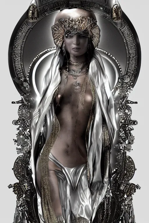 Image similar to a realistic dark photo of a beautiful metallic ancient alien woman goddess kate moss in jewelery and fractals in style of alphonse mucha art nuvo dmt trending on artstation made in unreal engine 4