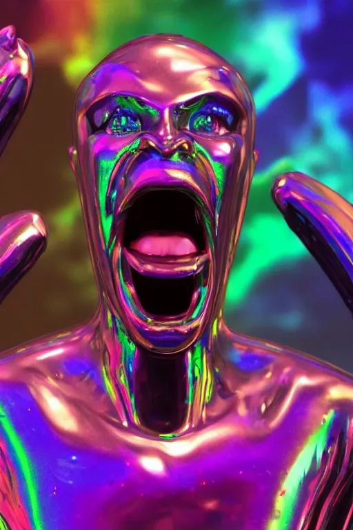 Image similar to 3d render of holographic angry human robotic screaming angry bust made of glossy iridescent, screaming, bust, surrealistic 3d illustration of a human non-binary, non binary model, 3d model human, cryengine, made of holographic texture, holographic material, holographic rainbow, concept of cyborg and artificial intelligence