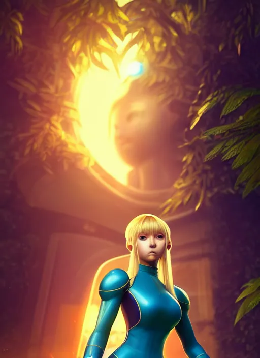 Image similar to Beautiful art portrait of zero suit samus in a bright temple surrounded by lush forest, atmospheric lighting, intricate detail, cgsociety, hyperrealistic, octane render, RPG portrait, ambient light, dynamic lighting
