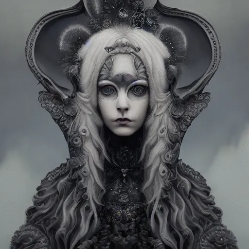 Prompt: tom bagshaw, soft painting fractal curiosities carnival, very beautiful female rabbit hybrid in full ornated nightshade gothic dress, partial symmetry accurate features, focus, very intricate ultrafine details, black white purple volumetric clouds, award winning masterpiece, octane render 8 k hd