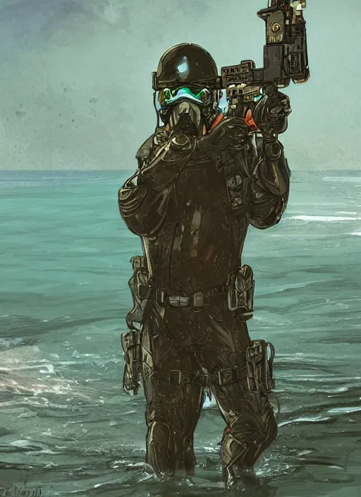 Image similar to Hector. USN blackops operator emerging from water at the shoreline. Operator wearing Futuristic cyberpunk tactical wetsuit and looking at an abandoned shipyard. Frogtrooper. rb6s, MGS, and splinter cell Concept art by James Gurney, Alphonso Mucha. Vivid color scheme.