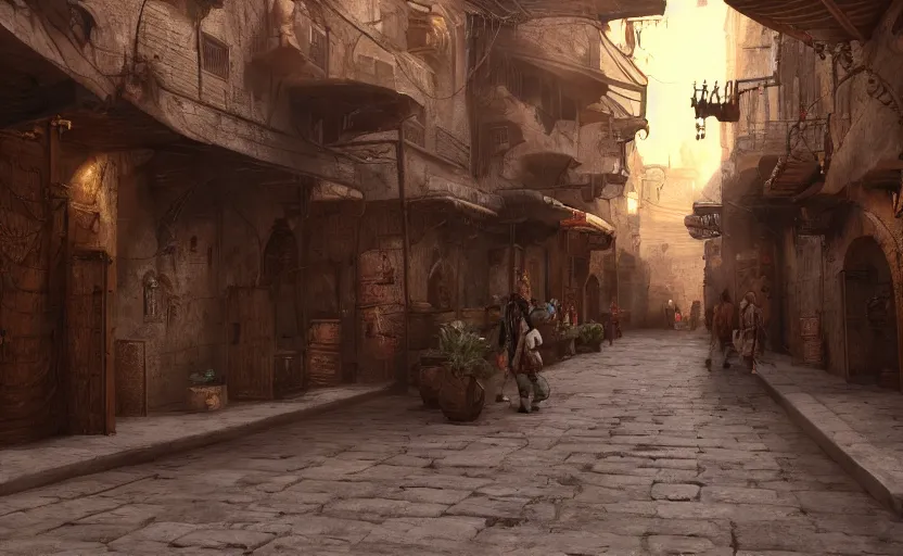 Image similar to cinematic medieval middle east alleyway, arabic, persian, dawn, market, little spice shops, bazaar, steam punk, unreal engine 5, trending on art station