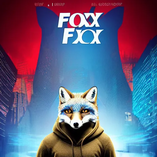 Image similar to modern action adventure movie poster, featuring in anthropomorphic blue fox in a hoodie, promotional movie poster print