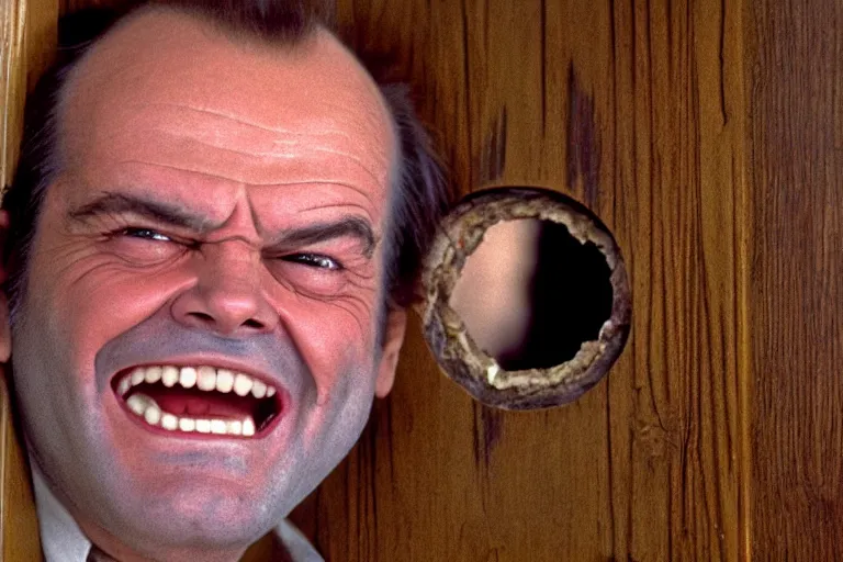 Image similar to A close-up portrait of Jack Nicholson's manic wide-eyed crazy face peeking through a hole in a torn wooden door, film still from The Shining by Stanley Kubrick, Eastman Color Negative II 100T 5247/7247, ARRIFLEX 35 BL Camera, 1:37:1 ratio