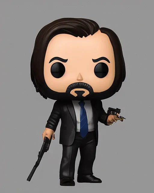 Image similar to full body 3d render of John Wick as a funko pop, studio lighting, white background, blender, trending on artstation, 8k, highly detailed