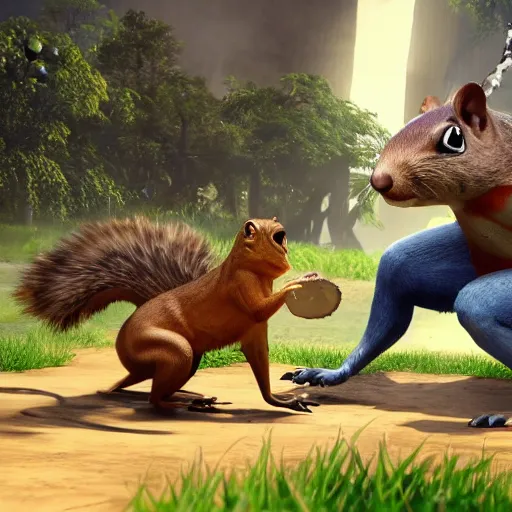 Image similar to screenshot of animal fighting game on ps 4, squirrel vs lizard, unreal engine,