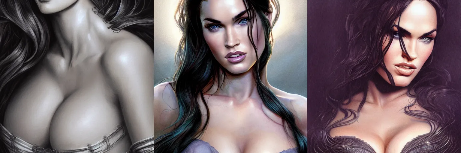 Prompt: portrait of Megan Fox, very large breasts, low cut top, flowing hair, D&D, makeup, fantasy, intricate, cinematic lighting, highly detailed, digital painting, artstation, concept art, smooth, sharp focus, illustration by Frank Frazetta, art