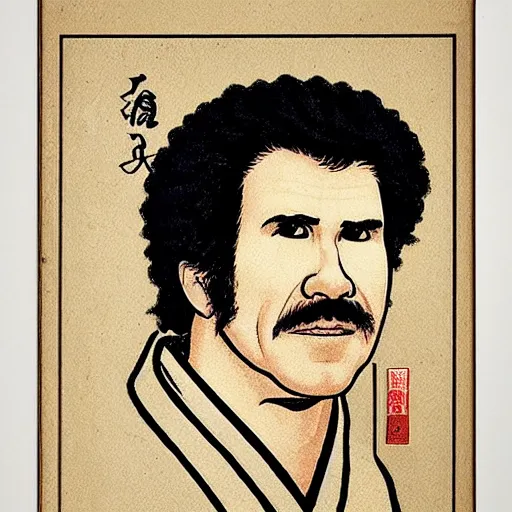 Image similar to portrait of will ferrell in the style of hokusai ukiyo - e woodblock print